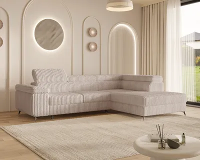 Produktbild von MOEBLO Ecksofa OSTIN – L-Form Wohnlandschaft mit Schlaffunktion, Bettkasten, 6-fach verstellbaren Kopfstützen und Armlehne, 290x75-90x202 cm - Ottomane Rechts - Mink (Ambience 04)