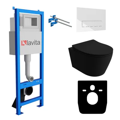 Produktbild von Lavita LAV 101 Vorwandelement für WC 40cm + Wand Hänge Tiefspül WC PRAIA Schwarz Spülrandlos + Bedienplatte LAV 200.3.1 Weiß | Komplettset | Unterputz Spülkasten | Toilette Komplett Sett