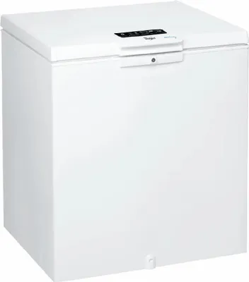 A white chest freezer is shown from a front-facing angle.