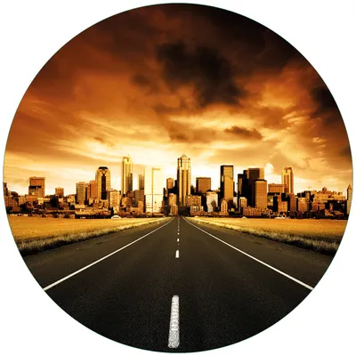Produktbild von Wallario Premium Glasbild, freischwebende Optik, kräftige Farben, rund 50cm Durchmesser, Motiv Skyline am Ende der Straße