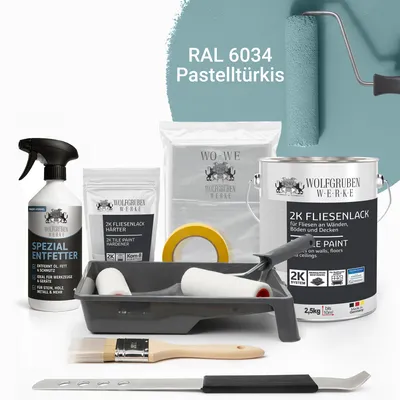 Produktbild von WO-WE Komplettset 2K Fliesenlack Renovierungsset für Küche, Badezimmer, Wand- & Bodenfliesen Pastelltürkis 2,5Kg