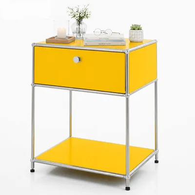 Productafbeelding van Floordirekt bijzettafel Concept Epure MK-139, 50 cm breed, 40 cm diep, 65 cm hoog, geel, met afsluitbare lade, modulair en krasbestendig plankensysteem, metalen frame