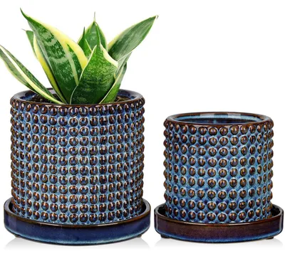 Immagine prodotto di Set da 2 vasi in Vetroceramica, diametro 15 cm e 11 cm, colore blu, con fori di drenaggio