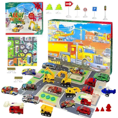 Image de Calendrier de l'Avent automobile pour enfants, année 2026, avec 24 cadeaux, comprenant des voitures de rallye et des véhicules de chantier, idéal pour les garçons