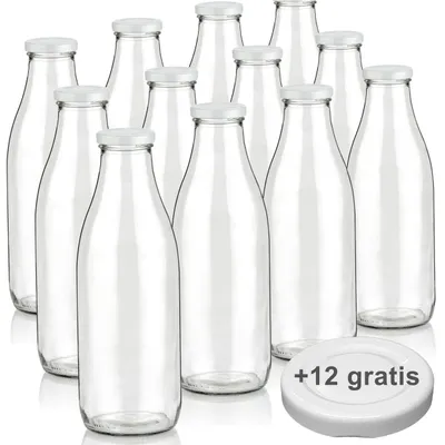 Produktbild von Milchflaschen 1L Smoothie Saft Flaschen 1000ml leere Glasflaschen Deckel BPA frei, 12 Milchflaschen mit 24 Deckeln
