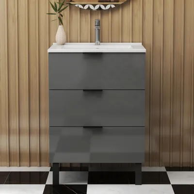 Produktbild von Badmöbel Set Hochglanz Dunkelgrau 60cm Dünn Keramik Waschbecken mit Unterschrank Badezimmermöbel mit 3 Schubladen und 2 Füßen Hängeschrank