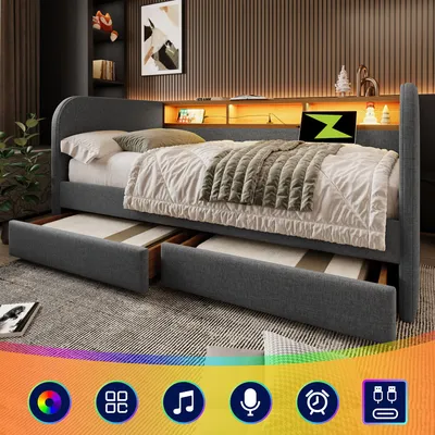 Obrázek produktu pro Postel s čalouněnou konstrukcí, rozkládací pohovka, rozměry 140x190 cm, s LED osvětlením a funkcí nabíjení přes USB-C, denní postel se dvěma zásuvkami a úložným prostorem v čele, materiál: len