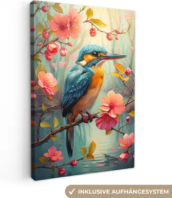Zdjęcie produktu dla MuchoWow® - Obraz na płótnie - Zimorodek - Kwiat - Natura - Ptaki - Kwiaty, fototapeta, dekoracja ścienna, obrazy do salonu, 40x60cm