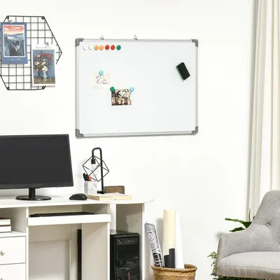 Image de Tableau blanc magnétique 90 x 60 cm, tableau effaçable à sec, cadre en aluminium, blanc | 90 x 60 x 1,8 cm | 4 marqueurs, 10 aimants, 1 éponge