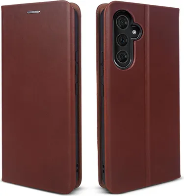 A brown leather flip case for a smartphone is shown from two angles.