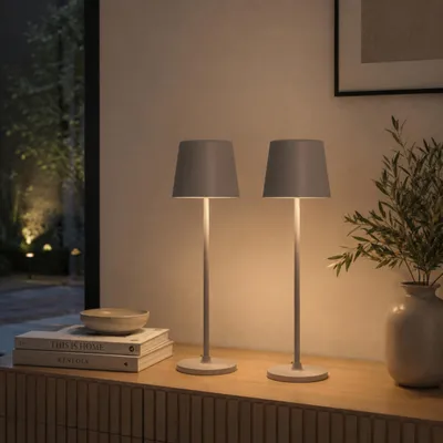 Produktbild von 2er-Set, LED Außen Tischlampe, 37 cm, 310lm, Touchdimmer, USB, grau