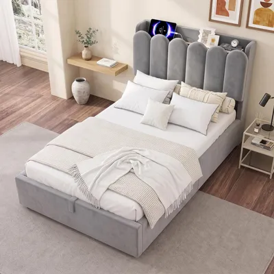 Produktbild von okwish Polsterbett 90×200 mit Leselampe und Bettkasten, Jugendbett mit USB & Type-C-Ladestation, Einzelbett in Grau,ohne Matratze