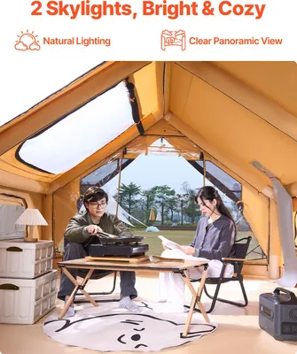 Image de Tente gonflable pour le camping, 5-8 personnes Tente avec pompe à main, 4x3x2,2 m Tente glamping avec 2 lucarnes, baldaquin, raccordement au four, 2 portes, fenêtres en filet & sac de rangement