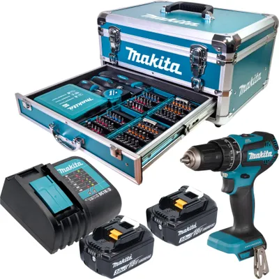 Produktbild von Makita DHP 485 SFX9 Akku Schlagbohrschrauber 18 V 50 Nm Brushless + 2x Akku 3,0 Ah + Ladegerät + 96 tlg. Zubehör Set + Koffer
