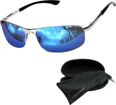 Produktbild von Sportliche Herren Sonnenbrille Blau Verspiegelt schmale Metall Brille Edelstahl Bikerbrille Federgelenke mit Brillenbox