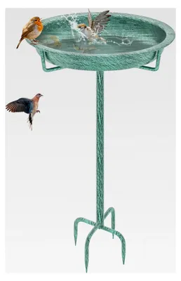 Produktbild von Stehendes Vogelbad für den Garten, Metall Vogelbecken für Wildvögel, frostfeste Wasserschale, 92x27cm (Retro Grün)