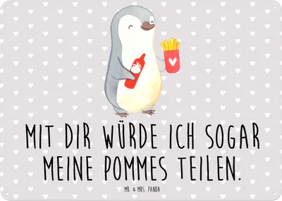 Produktbild von Mr. & Mrs. Panda Wandbild Pinguin Pommes DIN A5 - Grau Pastell - Geschenk, tafel, Schild, Valentinstag, Freund, Blechschild, für Freundin, Magnetschild, Jahrestag, Frauen