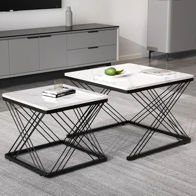 Produktbild von Merax Hochglanz Couchtisch Set 2-teilig, quadratisch Sofatisch mit Marmoroptik, Wohnzimmertisch mit höhenverstellbare Füße, bis 30 kg, Weiß