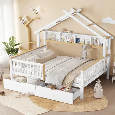 A child's bed with a house-shaped frame and built-in shelving, decorated with stuffed animals and books.