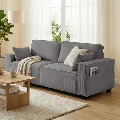 Produktbild von 3-Sitzer Sofa Cord, Couch Taschenfederkern-Polsterung, Stoffsofa mit Kissen, Hellgrau | 218 x 79 x 91 cm | Armlehnen 20,5 cm breit