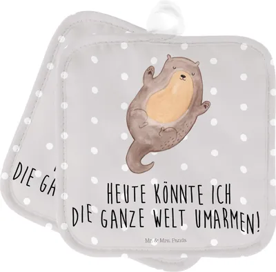 Produktbild von Mr. & Mrs. Panda Topfuntersetzer Otter Umarmen - Grau Pastell - Geschenk, Kochlappen, Topflappen Set, topfhalter, Hallo, Doppel, Optimistisch, glücklich, gut Gelaunt