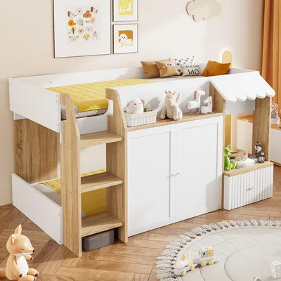 Immagine prodotto di Letto a castello 90x200 cm, con porta USB, dotato di spazio contenitivo, con scaletta, ideale per camerette per bambini e ragazzi, colore bianco