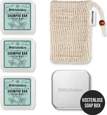 Produktbild von Störtebekker® Duschset - 3 x festes Shampoo (Fresh Mint), Sisalsäckchen und GRATIS Seifendose - für die tägliche Pflege - Haar, Körper & Gesicht