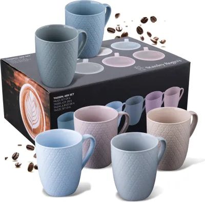 Zdjęcie produktu dla 6-częściowy zestaw filiżanek Stanley Rogers  Filiżanki do kawy o nowoczesnym wzorze w romby  Wysokiej jakości materiał New Bone w pastelowych odcieniach  Idealne do gorących napojów, takich jak kawa, herbata czy kakao  Pojemność 340 ml