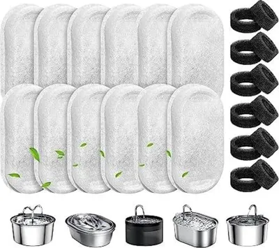 Produktbild von Katzenbrunnen Filter, 24 Stück Ersatzfilter Für Trinkbrunnen, 12 Stück Kohlefilter Und 12 Stück Schaumfilter, Wasserfilter Passend für 2L/3.2L/4L Edelstahl Trinkbrunnen Für Katzen Und Hunde