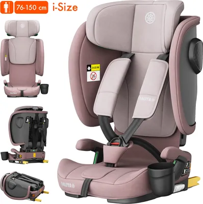A pink and gray i-Size car seat is shown from multiple angles, including a close-up of the main seat and a folded view.