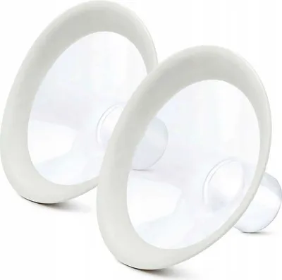 Two white and clear breast pump flanges are shown against a white background.