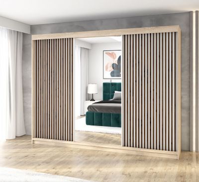 Schwebetürenschrank, 3-türig Schrank mit 4 Schubladen, und Spiegel 3D-Lamellen Premum! Moderne Garderobe für Kleidung. Verschiedene Farben (Weiß, Schwarz, Somona) Kleiderschrank FARA 200 cm