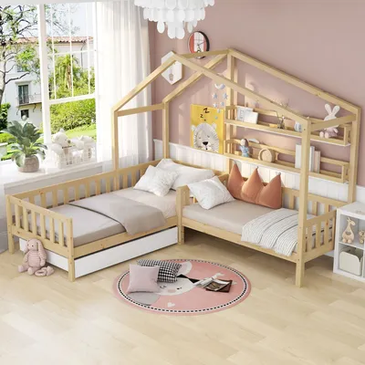 Produktbild von okwish Kinderzimmerbett (90x200 cm + 140x70 cm, Naturfarbe) Wunderschönes Kinderbett aus Holz mit Absturzsicherung und Stauraum, skandinavischer Stil, Lattenrost aus Massivholz
