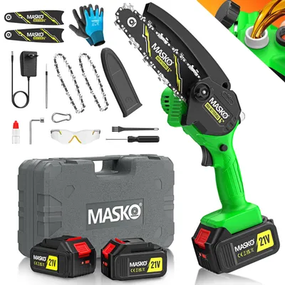 Immagine prodotto di Mini motosega MASKO® con batteria da 8000 mAh | Motosega elettrica portatile con 2 batterie da 4000 mAh per potatori/tagliarami/taglio del legno | Motosega da 800 W con sistema di lubrificazione automatico