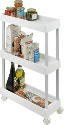 Obrázek produktu pro WENKO vozík Mod. Mino, kuchyňský vozík se 3 policemi a 4 lehce pohyblivými kolečky, lze použít jako servírovací vozík, kuchyňský regál nebo domácí vozík, nerezový hliník/PP, 18 x 80 x 45 cm, bílá/stříbrná