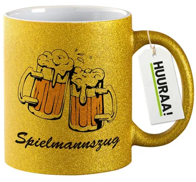 Produktbild von Huuraa Glitzertasse Spielmannszug Schützenfest 330ml Gold Keramik Kaffeebecher Geschenkidee