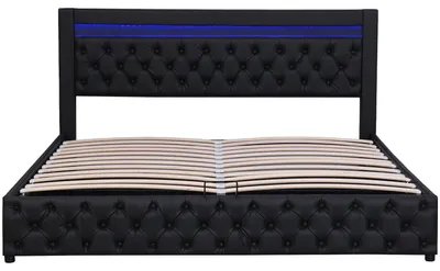 Obrázek produktu pro Postel s úložným prostorem - manželská postel 180x200 cm - čelo postele s LED osvětlením - rošt - samet/umělá kůže - černá barva