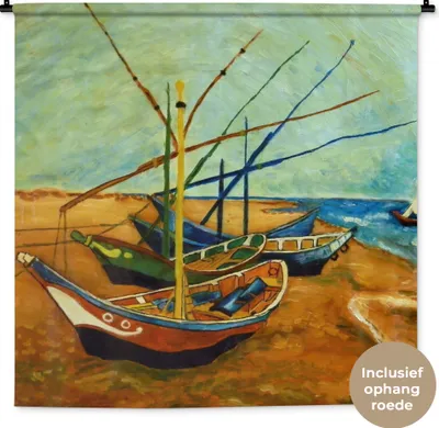 Produktbild von MuchoWow® Wandteppich Wandbehang Fischerboote am Strand - Vincent van Gogh 150x150 cm Tapisserie Dekoration Wandtuch - Wohnaccessoires - Modernes