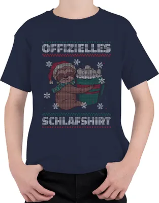 Produktbild von Offizielles Schlafshirt Faultier - Ugly Christmas Sweater Weihnachten Uni Kinder T-Shirt, Navy, 116