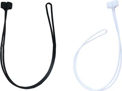 Two silicone anti-loss bands for wireless headphones, one black and one white, are displayed against a white background.