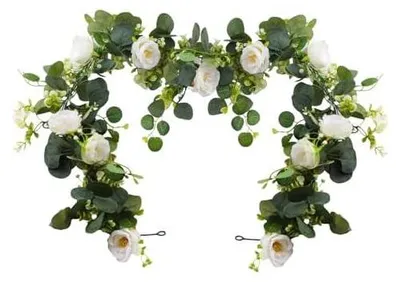 Produktbild von 2-teilig Eukalyptus Girlande Künstliche Blumengirlande 180cm Hängend Rosen Girlande Blumenwand für Hochzeit Party Wand Esstisch Garten Weihnachtsdekor Frühlingsdeko (Weiß)
