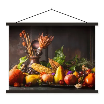 Produktbild von MuchoWow® Textilposter Gemüse - Obst - Rustikal - Tisch 150x113 cm mit schwarzem Rahmen - Wohnzimmer