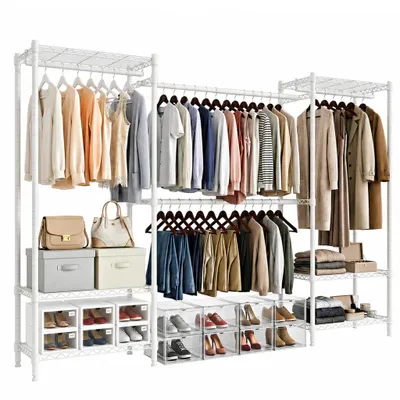 Produktbild von Mondeer Kleiderständer mit Teleskopstangen , 6 Ablagen, 4 Kleiderstangen, bis 70 kg pro Ebene, 40 x (183–234,5 cm) x 180cm Weiß
