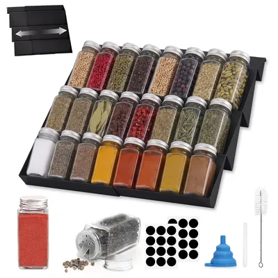 Produktbild von 2er set verstellbares Gewürzregal Schublade, mit 24 Gewürzgläser Eckig mit deckel, Gewürzregal Set mit Streueinsatz und 24 Etiketten