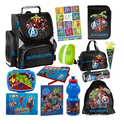 Produktbild von Goldkids - Schulranzen für Jungen, 13er-Set - Schul-Rucksack für Kinder mit Federmäppchen - Schuhbeutel Brotdose und Trinkflasche - Avengers