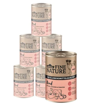 Produktbild von Dehner Fine Nature Hundefutter, Nassfutter in Lebensmittelqualität, für ausgewachsene Hunde, Rind, 6 x 400 g Dose (2.4 kg)