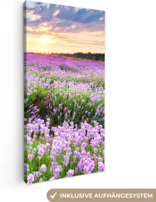 Produktbild von MuchoWow® - Leinwandbilder - Lavendel - Blumen - Sonnenuntergang - Lila - Wiese, Wandbild, Wanddeko Bilder Wohnzimmer, 20x40 cm