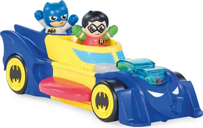 Image de Toomies Bizak 30693262 Batmobile 3 en 1, Où les petits peuvent jouer en créant jusqu'à 3 voitures différentes, Contient 2 figurines, a Batman et son ami Robin, Recommandé a partir de 12 mois