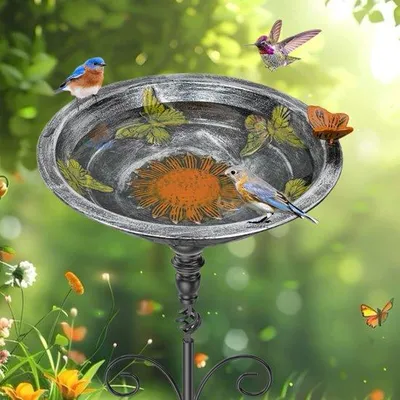 Produktbild von Metallenes Vogelbad für Außen, Vogelbad mit Stand, Vogelkom Wasserbad, Gussstahlgitter für wilde Vogelarten, Vogelbad mit Wasserbehälter, Vintage Silberfarbe, Vogelbad für Garten.