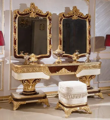 Produktbild von Casa Padrino Luxus Barock Schlafzimmer Set Braun / Weiß / Gold - 1 Barock Schminkkommode & 2 Barock Spiegel & 1 Barock Hocker - Barock Schlafzimmer Möbel - Edel & Prunkvoll